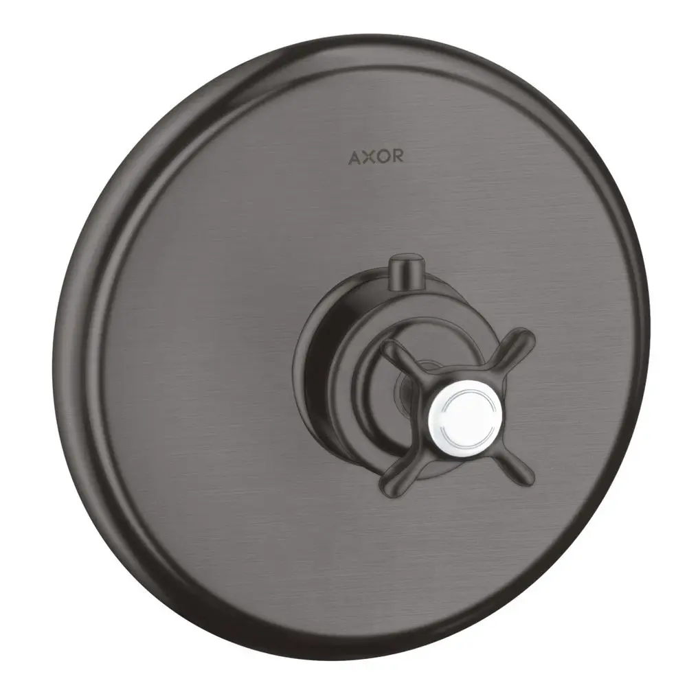 Thermostat-Unterputz mit Kreuzgriff in Brushed Black Chrome. Axor-Design, runde Abdeckung und zentraler Drehgriff zur Temperaturregulation.